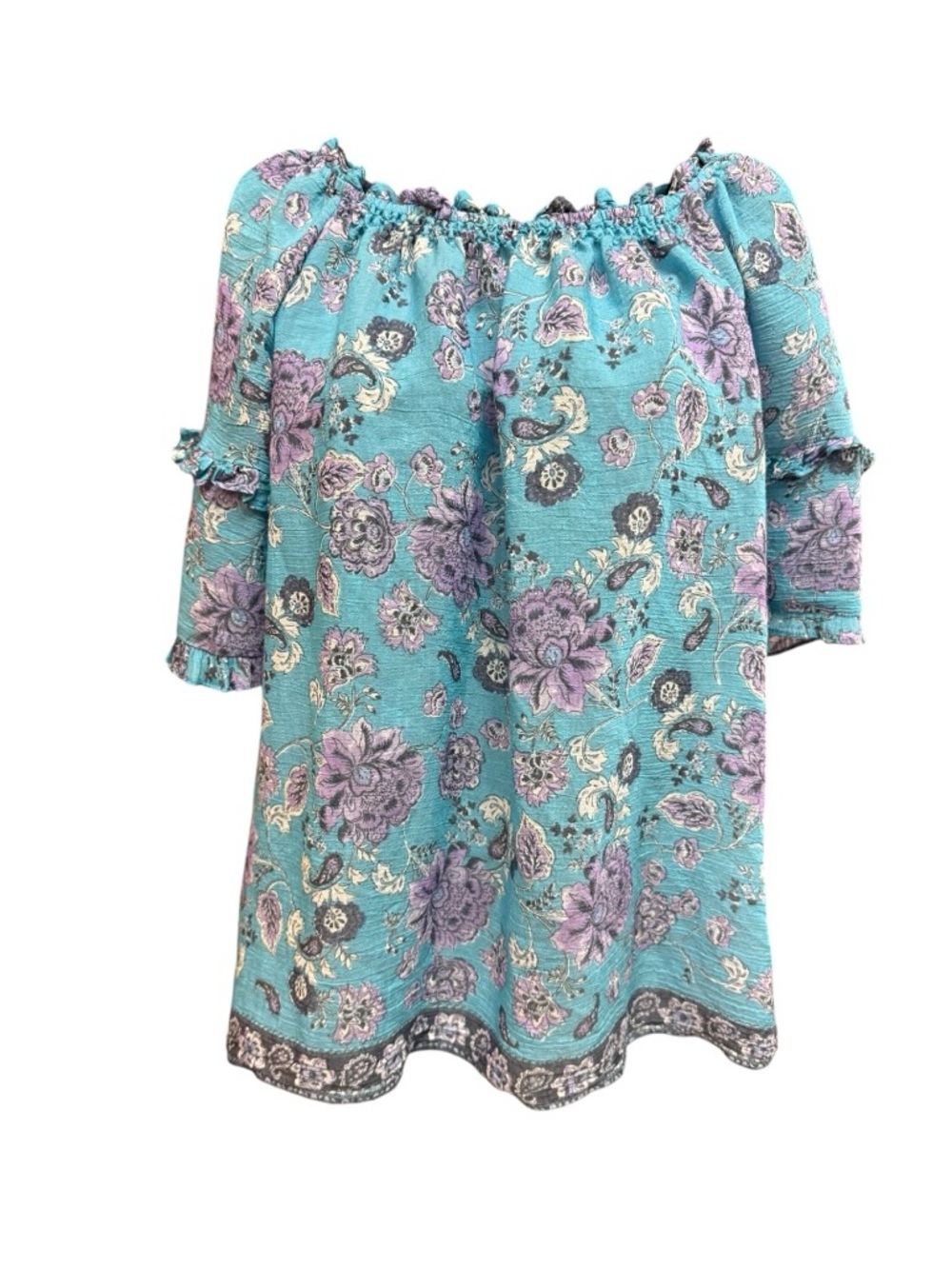 Nanette Lepore BOHO Spring Aqua Floral Off-Shoulder Tunic with Purple Blooms